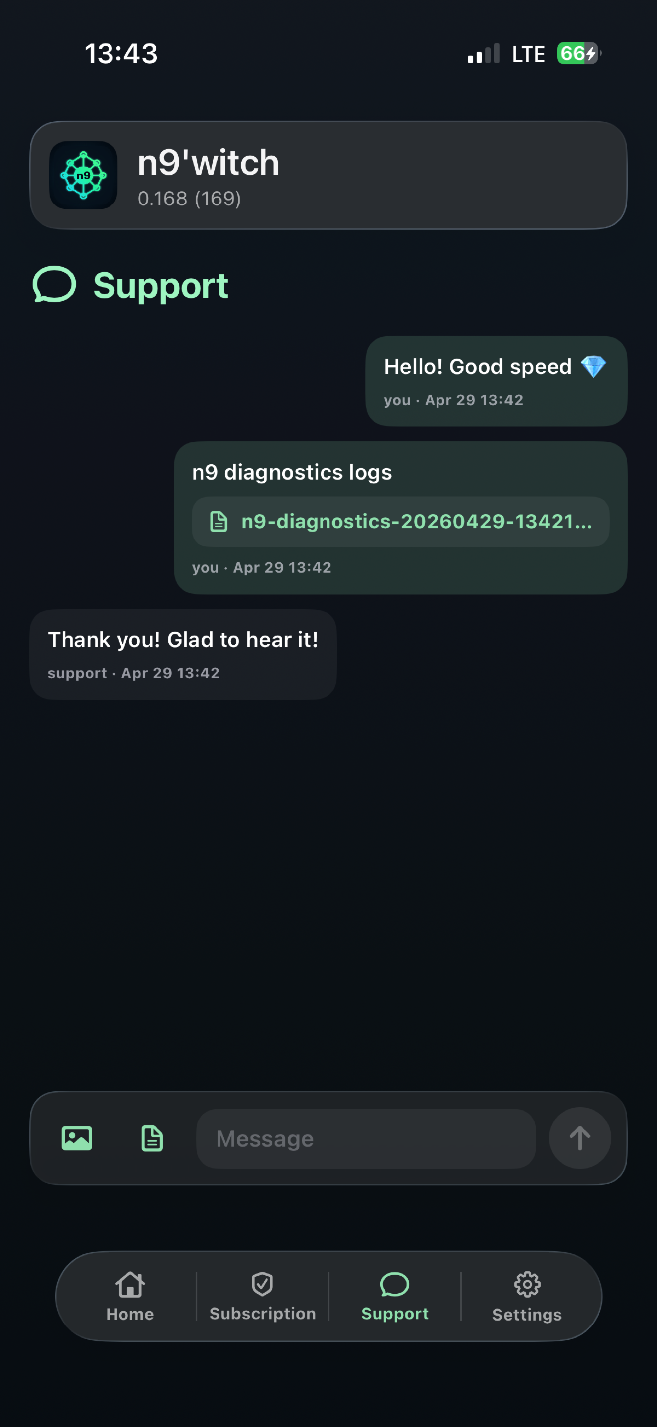 n9'witch iPhone support chat screen
